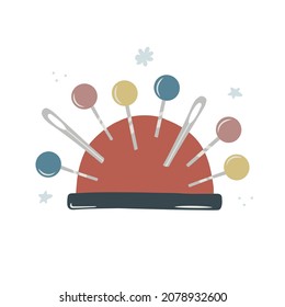 Hand drawn pincushion for needles and pins isolated on a white background. Doodle, illustration in a simple flat style. It can be used for decoration of textile, paper and other surfaces.