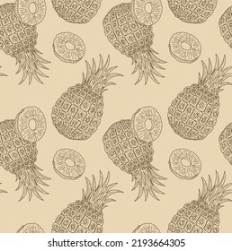 Hand drawn pine apple seamless pattern. Tropical exotic fruit.