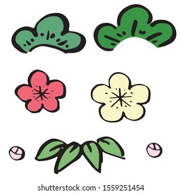 Hand drawn pine, bamboo and plum illustration set