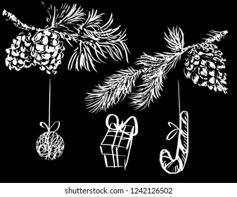  hand drawn pine branch,Christmas background elements