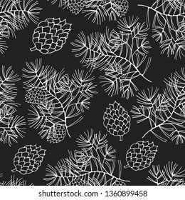 Hand drawn pine branches with cones seamless pattern. Vector Christmas wrapper background. 