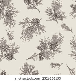 
Hand drawn pine branches with cones seamless pattern. Vector vintage design. Monochrome image.