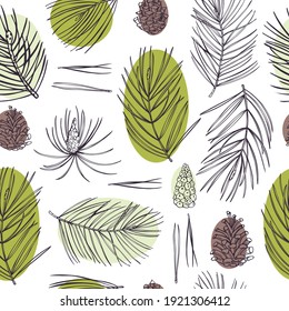 Hand drawn pine branches and cones.Vector  seamless pattern. 