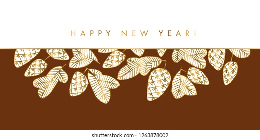 Hand drawn pine for Christmas  design. Gold and brown xmas tree branch for invitation, acrd, header. Vector vintage luxury illustration