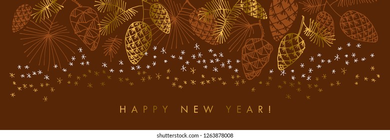 Hand drawn pine for Christmas  design. Gold and brown xmas tree branch for invitation, acrd, header. Vector vintage luxury illustration