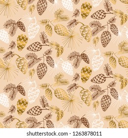 Hand drawn pine for Christmas seamless pattern. Gold and brown sketch of xmas tree branch for background, wrapping paper, fabric. Vector vintage luxury illustration