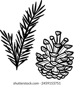 Hand drawn pine and pine cone illustration, vector clip art set, isolated