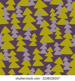 Hand drawn pine or fir tree silhouette seamless pattern. Green and purple Holiday background. For wrapping paper, textile, scrapbooking, greetings, DIY projects.