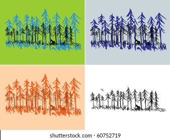 A hand drawn pine forest scene with seasonal colors and plain black.