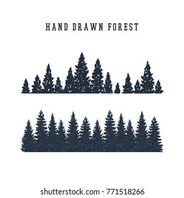 Hand drawn pine forest textured vector illustration.