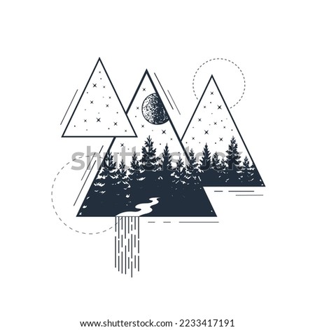 Hand drawn pine forest textured vector illustration. Double exposure with night sky, river, and triangles around. Geometric style.