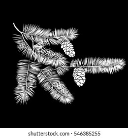 Hand drawn pine tree branch isolated on black background. Ink illustration in vintage engraved style