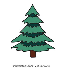 Hand drawn pine tree colored outline. Doodle fir tree isolated on white background. Vector illustration.