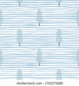 Patrón sin fisuras de pino dibujado a mano sobre fondo de franja. Papel tapiz del bosque de aves. Fondo decorativo para el diseño de tejidos, impresión textil, envoltura. Ilustración del vector