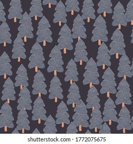Hand drawn pine tree seamless pattern on dark background. Christmas holiday forest wallpaper. Decorative backdrop for fabric design, textile print, wrapping. Vector illustration