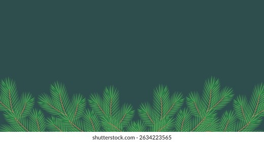 Hand Drawn Pine Twigs Bottom Banner Frame border on dark green Winter Holiday Copy space Template