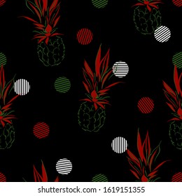 Hand drawn Pineapple background with stripe polka dots Seamless pattern in vector EPS10 illustration.Design for fashion,fabric,wallpaper,cover and all prints on black.