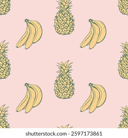 Hand drawn pineapple and bananas seamless pattern. Natural exotic fruits design for fabric, home textile, wrapping paper