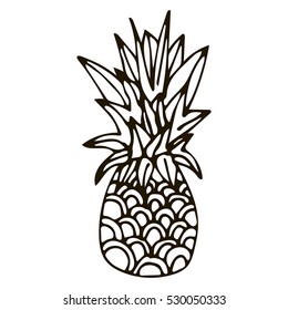 Hand drawn pineapple of black outline isolated on white background. Cartoon pineapple. Vector illustration.