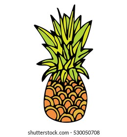 Hand drawn pineapple with black outline isolated on white background. Cartoon pineapple. Vector illustration.