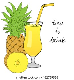 Hand drawn pineapple cocktail with ice and straw on white background. Vector illustration.