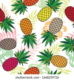 Hand drawn pineapple fruit seamless pattern. Vector illustration.