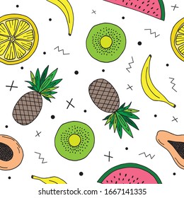 Hand drawn pineapple fruit, watermelon, banana, kiwi, papaya and lemon seamless pattern. Vector illustration.