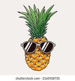Hand drawn pineapple fruit wearing trendy sunglasses clip art vector illustration, suitable for poster, T-shirt screen printing and other media.