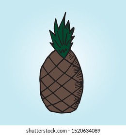 Hand drawn pineapple isolated on blue background in unique trendy organic style. Vector illustration for menu design, packaging, cooking book.