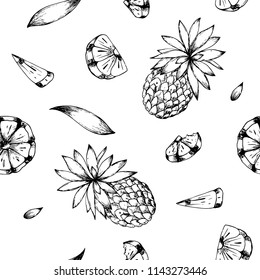 Hand drawn pineapple pattern background.Black and white, monochrome sketched vector illustration.