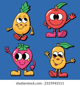 Hand drawn pineapple, pear, apple, strawberry flat trendy cartoon element collection. Set of cartoon stickers with abstract comic characters with  hands. Modern illustration with cute comic mascots. 