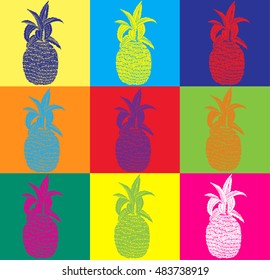 Hand drawn pineapple pop art design in colorful colours. Tropical background. Exotic template with pineapple