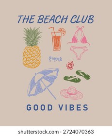 Dibujado a mano piña, sandalia, bikini, jugo de flores de verano, paraguas y obras de arte. Diseño gráfico de Vector de buenas vibraciones de verano para ropa, pegatinas, carteles, backgroud.women diseño de impresión de camiseta de playa