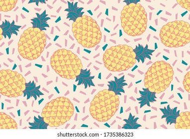Hand drawn pineapple seamless pattern, sketch style and summer colors for menu and fabric 