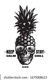 Hand Drawn Pineapple skull in a sunglasses, tee shirt graphics.