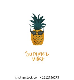 Hand drawn pineapple with sunglasses. Summer vibes. Vector illustration