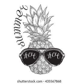 Hand drawn pineapple with sunglasses. Summer print design. Vector illustration