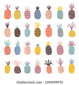 Hand drawn pineapples set. Isolated cartoon vector illustration in scandinavian style