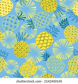 Hand drawn pineapples vector seamless pattern on blue background
