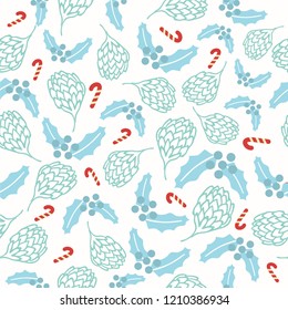 The hand drawn pinecone and holly plants christmas seamless pattern cream background.