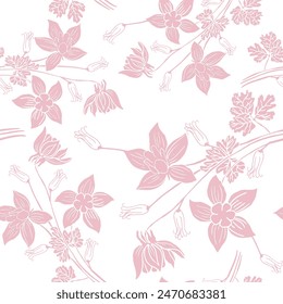 Hand drawn pink Aquilegia flower. Continuous line on a transparent line art on white background.