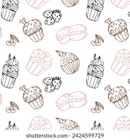 Hand drawn pink, black and brown cupcake pattern. Vector illustration isolated. Pattern can used for greeting card, invitation, menu background, poster, textile, wrapping paper.