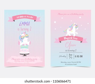 Hand drawn pink blue card and label with sleep unicorn,rainbow,star,cake,glasses