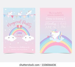 Hand drawn pink blue card and label with sleep unicorn,flag,rainbow,cloud,star and crown