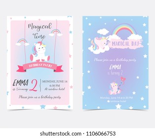 Hand drawn pink blue card and label with sleep unicorn,ribbon,rainbow,cloud and star