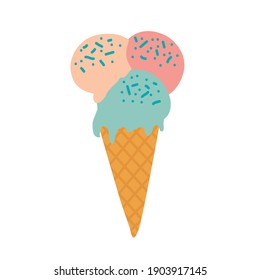 Hand drawn pink and blue Cartoon ice cream cone. Vector illustration in flat style. Isolated Element for design poster, greeting card, print, menu
