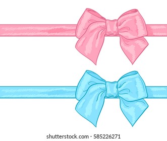 Hand drawn pink and blue ribbon bow on white. vector