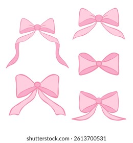 Hand drawn pink bow and ribbon doodle collection. Set of various cartoon bow coquette style.