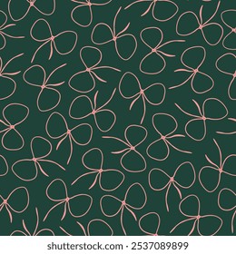Hand drawn pink bows seamless repeat pattern on dark green background. Random placed, vector ribbons aop, all over surface print.