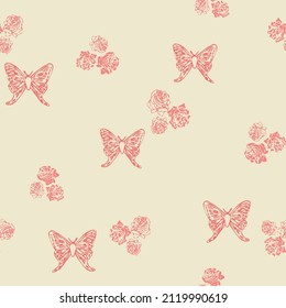 Hand drawn pink butterflies and roses scattered on a cream background. Floral seamless pattern with 2 tone country cottage botanical motif. Simple vintage rustic style. Primitive shabby chic design.